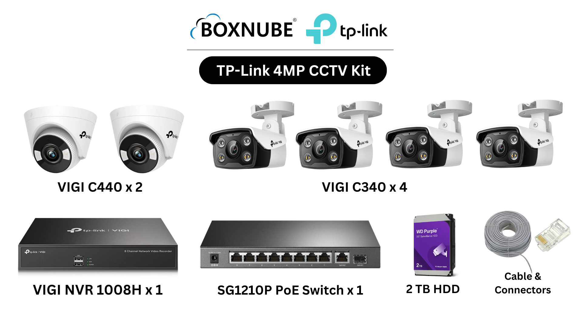 TP-Link VIGI 4MP 6 Camera Kit Bundle, 4 x VIGI C340 Bullet, 2 x VIGI C440 Turret, 8 Channel NVR, 8 Port PoE Gigabit Switch, 100M CAT6 Cable, RJ45 Plug TP-Link VIGI 4MP 6 Camera Kit Bundle, 4 x VIGI C340 Bullet, 2 x VIGI C440 Turret, 8 Channel NVR, 8 Port PoE Gigabit Switch, 100M CAT6 Cable, RJ45 Plug